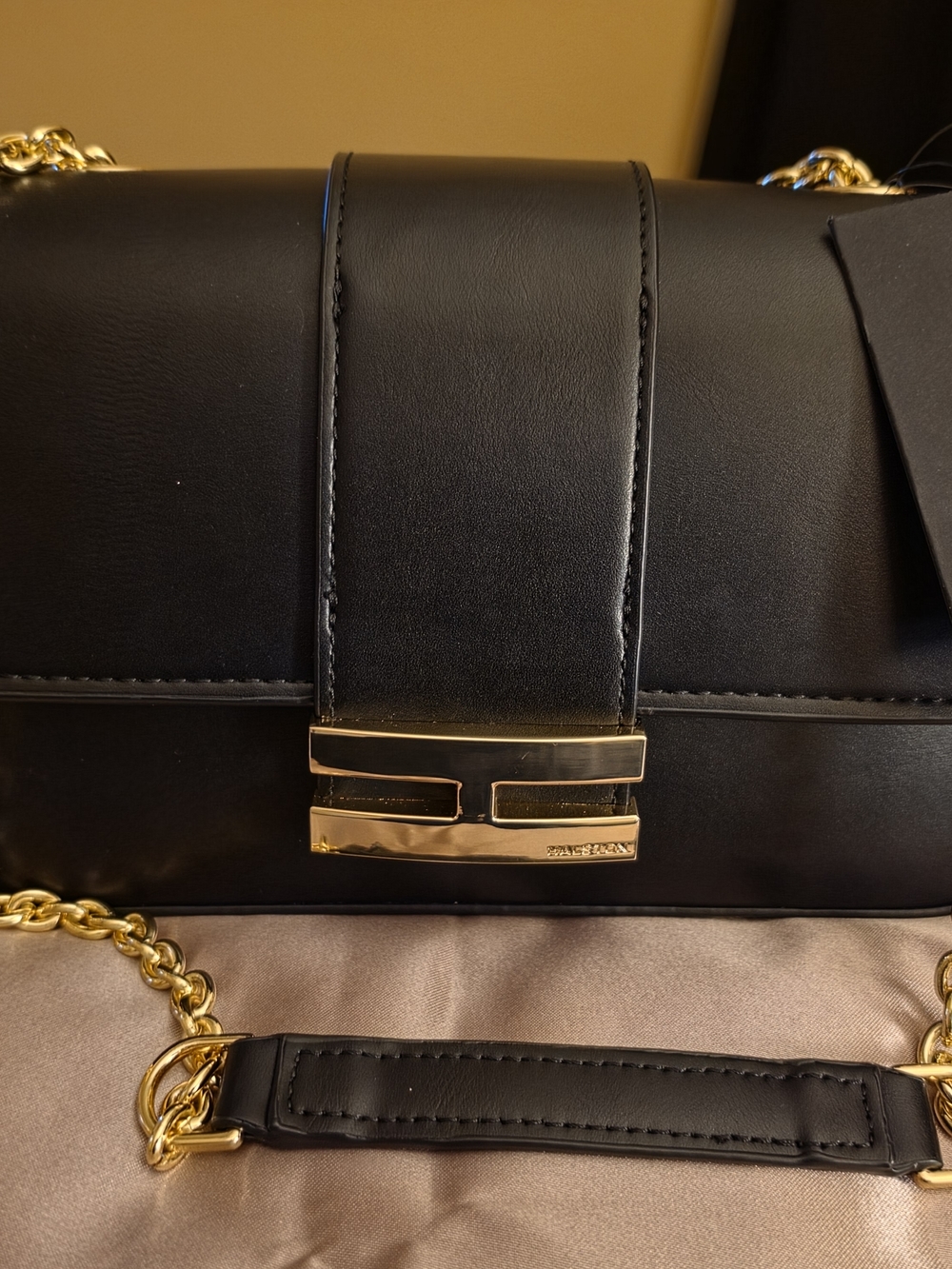 Halston Black Leather Shoulder Bag Or Crossbody W/ Gold Chain and Polished Hrdwr